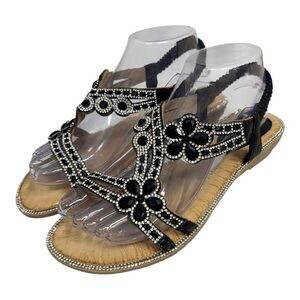 Dou Mei Zu Yuan Chinese Slingback Sandals Black Rhinestones Beaded Size 8